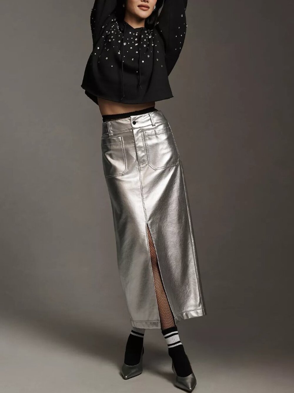 by Anthropologie Silver Metallic Faux Leather Midi Pencil Skirt Front-Slit